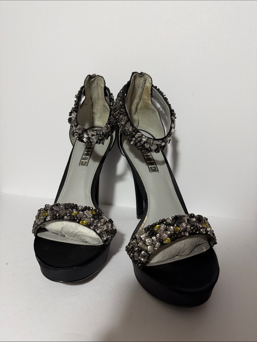 White by Vera Wang Black Jeweled Platform Ankle-Strap Heels